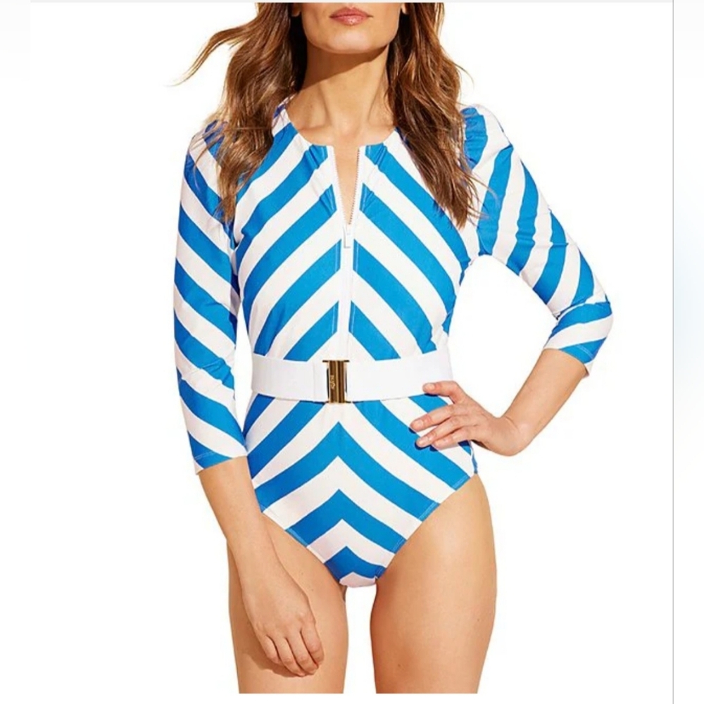 STYLEST DREAMSCULPT™ Belted Striped 3/4 Puff Sleeve Zip Up One Piece Swimsuit
